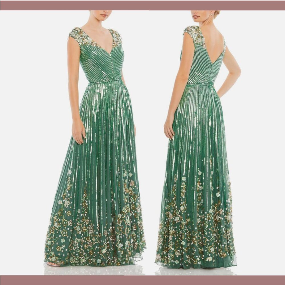 NWT$798 Mac Duggal [ 8 ] Sequin Floral Embellished‎ Evening Gown Sage Green Q728 - Picture 2 of 16